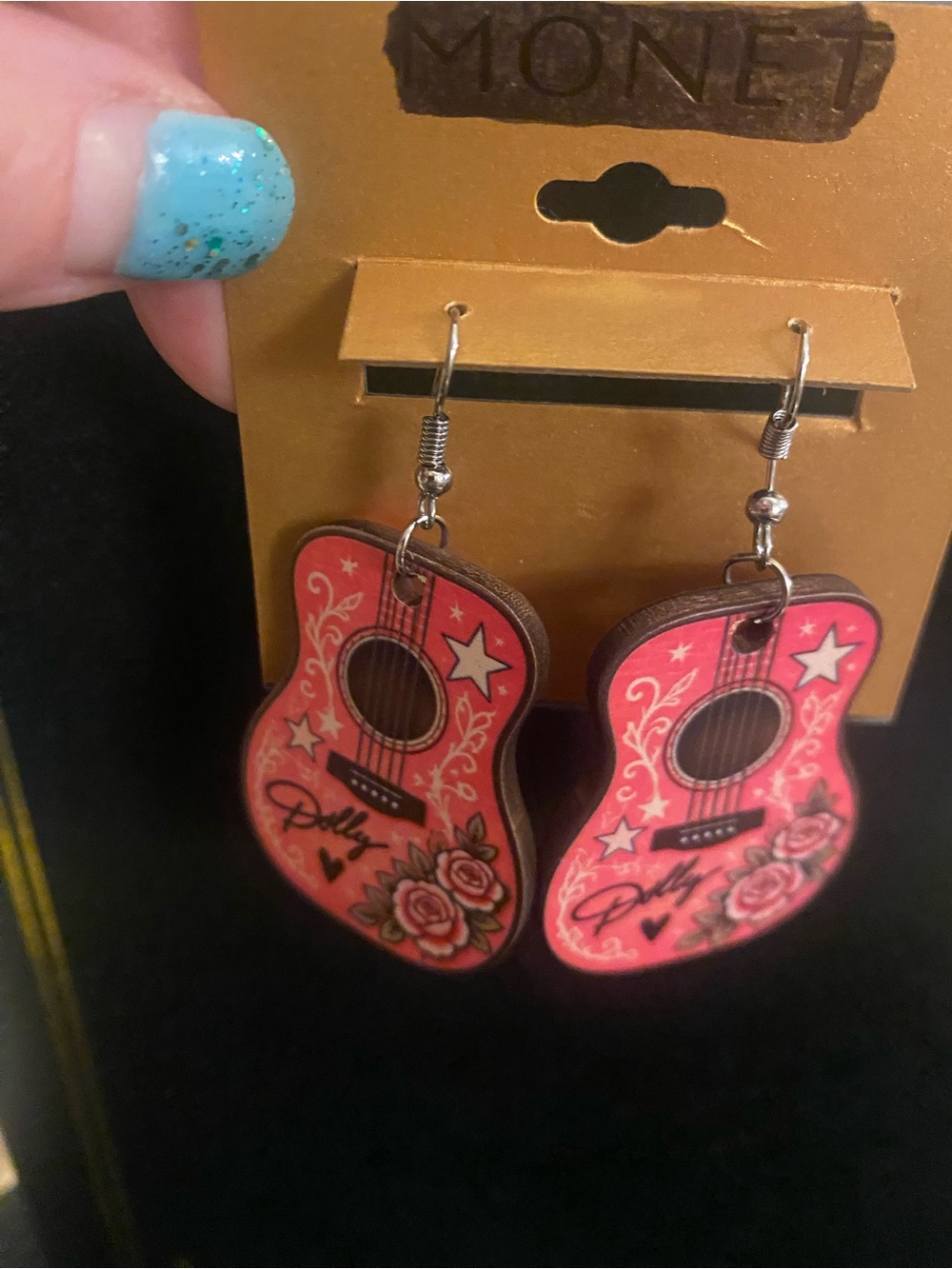 Dolly Parton Guitar Earrings with stars hearts and flowers large double-sided - Picture 4 of 6